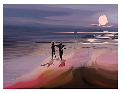 夫妻在夜间海边散步