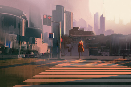 孤独的女子站在城市的人行横道上