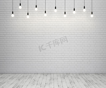 墙面彩绘的砖和木地板与发光灯泡