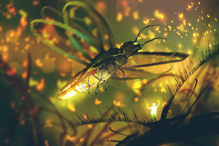 小男人指挥只巨大的萤火虫在夜晚的森林