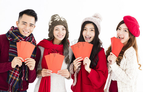快乐的农历新年。青年组显示红色信封