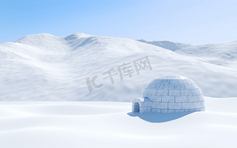 在皑皑的雪山，北极景观场景中孤立的小冰屋