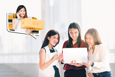 采购订单摄影照片_亚洲年轻女性或同事使用笔记本计算机在线一起购物。业务所有者女孩确认采购订单，发送产品包递送。电子商务、 电子支付、 或启动概念