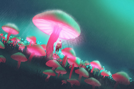 徒步旅行者人在大蘑菇森林中在雨夜
