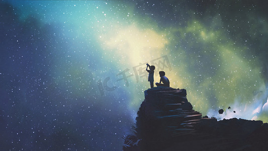 蓝色星空蓝色星空摄影照片_夜景两兄弟在户外, llittle 男孩透过望远镜看星空, 数码艺术风格, 插画画