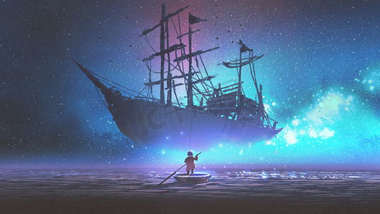 蓝色星空蓝色星空摄影照片_小男孩划船在海里, 看着帆船漂浮在星空, digitl 艺术风格, 插图画