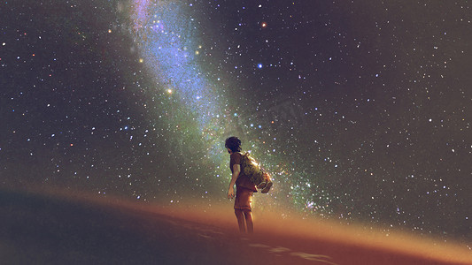 风景宇宙摄影照片_年轻人站在沙漠上, 仰望夜空, 繁星与银河, 数码艺术风格, 插画绘画