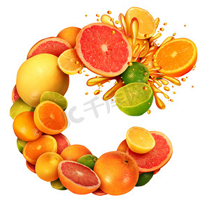 增强免疫摄影照片_维生素 c 作为柑橘文本概念作为一组水果与橙子柠檬石灰橘子和葡萄柚作为健康饮食和免疫系统增强的象征在3d 例证样式隔离.