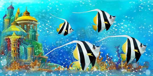 在美丽的水下王国珊瑚礁中与鱼的卡通场景。儿童图解