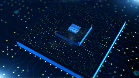 计算机芯片在电路背景上的数字三维渲染 