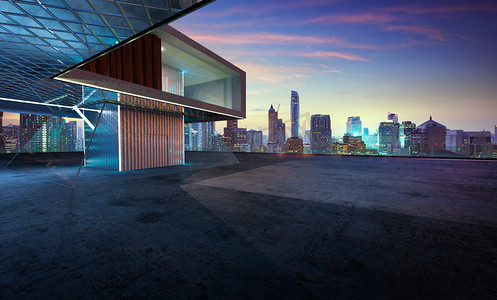 用钢和玻璃为基础的现代建筑外观对空水泥地板的看法。3d 渲染与真实图像混合介质