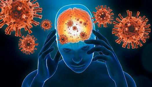 脑病毒感染3D渲染说明。带有红色非专利病毒细胞的脑炎。脑炎、脑膜炎、老年痴呆症、帕金森症、嗜睡症或硬化症等神经疾病.