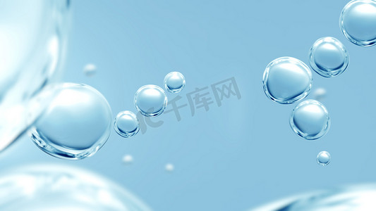 透明水泡摄影照片_纯泡泡活力化妆品清爽卫生或氢蓝能源工作室拍摄的透明碳化蓝色水泡水下全景宏观特写，选择性聚焦模糊