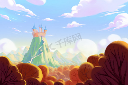 cg摄影照片_山顶上的城堡。视频游戏数字Cg艺术作品，概念插图，逼真的卡通风格背景