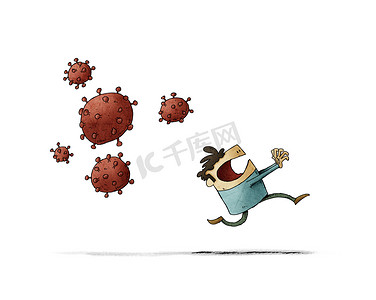 Scared man runs because behind come some very contagious viruses, Covid-19. isolated