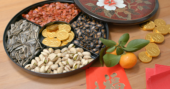 5.传统的农历新年快餐盒上写着红包意味着好运，金币意味着财富