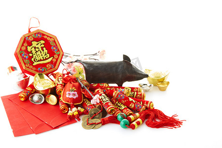 2019猪中国新年 – 农历新年假期背景概念，字符翻译中文措辞的对象意味着好祝福