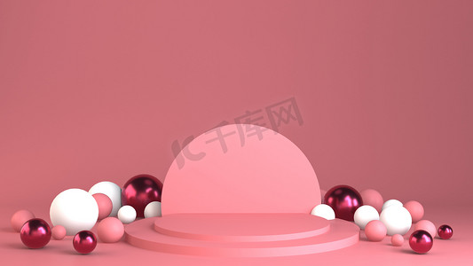 党的设计构成的三维渲染。 抽象三维几何形状背景为度假的概念. 3d粉色背景.