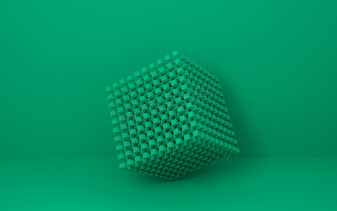 绿色背景海报设计摄影照片_绿色立方体符号由许多块组成. 抽象几何形状。 3D立方体标志绿色背景设计的横幅，卡片，海报和小册子的网站。 具有三维的极小模型.