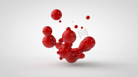 3d渲染多个滴的红色液体看起来像血液，果汁。不同形状的掉落，不同大小的掉落，随机排列在空间中，在白色背景上隔离。3d 插图