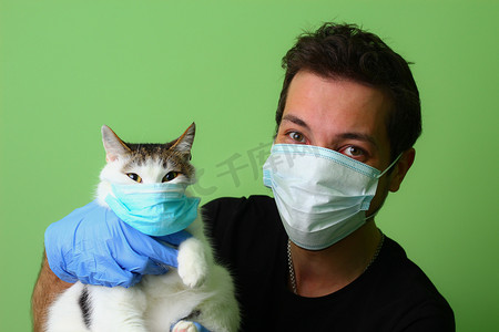 爱护动物摄影照片_那只猫在一个戴外科医疗面具的男人手里。绿色背景爱护动物的概念