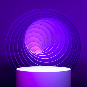 紫罗兰圆形展示柜，在紫罗兰上有空隙，在几何拱门附近有粉色背景，有抽象波纹。3d渲染