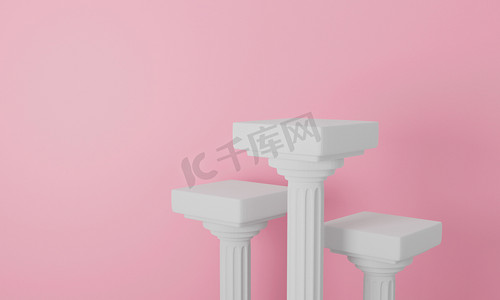 支柱列的三维渲染在粘贴背景摘要上.古罗马人。建筑经典的白色底座或讲台站在粉红色的房间工作室。陈列品的古董室内设计.