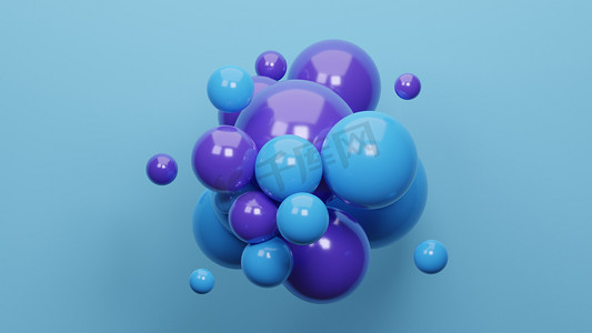 半透明糊状摄影照片_塑料糊状蓝色和紫色泡沫。动态三维球体的文摘背景。三维渲染光滑球的图解。现代流行横幅或招贴画设计