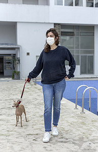 在城市化进程中，在对狗的检疫过程中，带着防护面具的妇女在遛狗。Covid-19概念