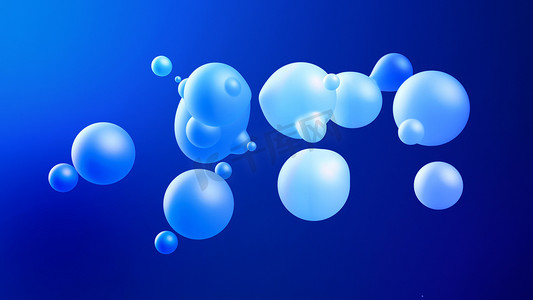 球体或球体像液蜡滴或空气中的球一样合并在一起。蓝色的液体梯度在美丽的水滴上闪烁着光芒,在里面散射光.3D渲染。17
