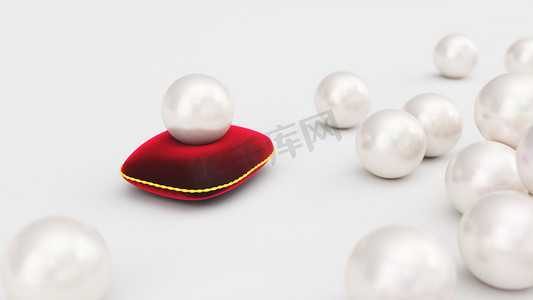 笔触摄影照片_3d 渲染珍珠在柔软的红色天鹅绒枕头上，带有金色笔触。美丽的珍珠，昂贵的女性首饰。背景多美丽的珍珠，美丽闪亮的海珠