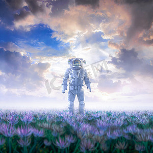 进入梦幻/三维的超现实科幻场景，孤独的宇航员在灿烂的天空下漫步在花朵的田野里