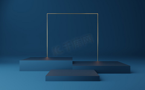 边框几何边框摄影照片_空旷的蓝色立方体讲台，金色边框，蓝色背景的金色正方形。摘要最小工作室3D几何形状对象.展示产品设计的模拟空间.3d渲染.