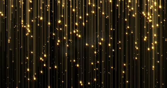 金色的雨，金光闪闪的粒子落下。 发光的魔法灯。 圣诞背景，闪亮的闪光线在流动的循环中，金粉与闪烁的灯光