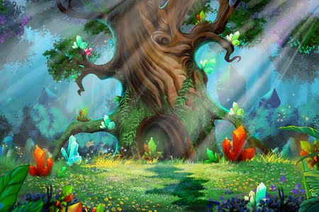 森林宝藏视频游戏数字Cg艺术作品，概念插图，逼真的卡通风格背景