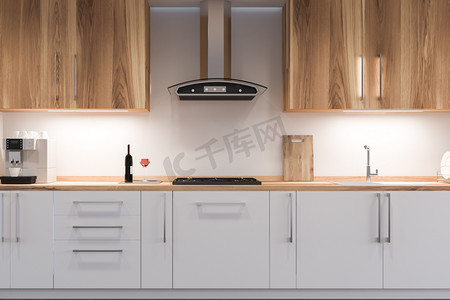 Modern disign kitchen interior with window. 3d Render.