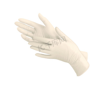 医用硝酸盐手套。两个黄色手术手套，双手隔离在白色背景上。橡胶手套制造,人的手戴着胶乳手套.医生或护士戴防护手套