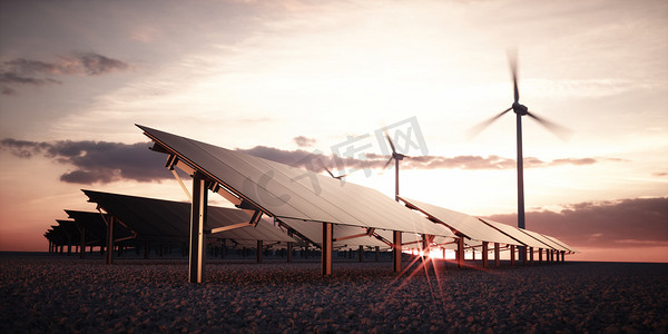 现代和未来派的审美黑色太阳能电池板的大型光伏电站与风力涡轮机在温暖的日落光线背景。3d 渲染.