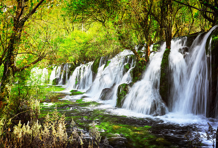 足够精彩摄影照片_清澈的水，绿色的森林间的瀑布景区