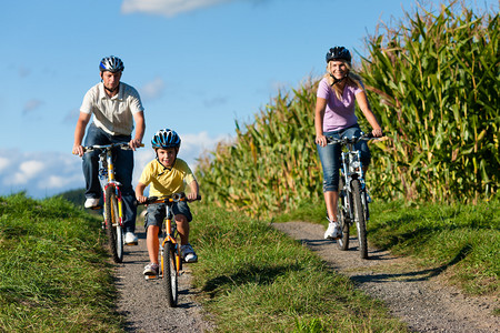 家庭度假摄影照片_家庭在夏天骑自行车