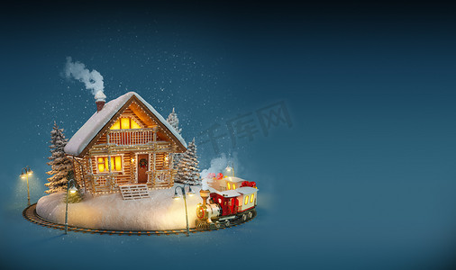 房子与圣诞灯和神奇的装饰的日志训练在蓝色背景上。不寻常的圣诞图