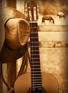 牛仔帽和吉他。美国音乐背景