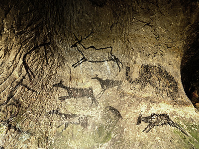 驯鹿摄影照片_漆的鹿、 猛犸和驯鹿的人类狩猎。历史的黑碳抽象艺术