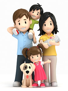 幸福的家庭和宠物的 3d 渲染