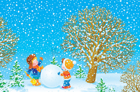 卡通雪人摄影照片_孩子们在一起努力使一个雪人.