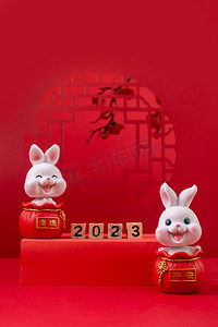 兔年摄影照片_元旦2023兔子玩偶红色背景摆放摄影图配图