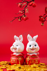 2023新年两个小兔子红色背景摆放摄影图配图