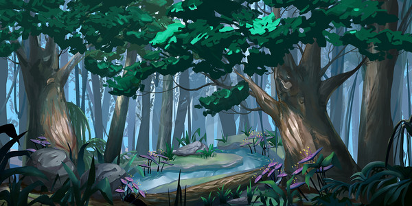 森林。逼真的风格。视频游戏数字 cg 艺术品, 概念插图, 逼真的卡通风格场景设计