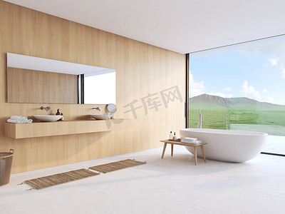 全新的现代浴室, 景色宜人。3d 渲染
