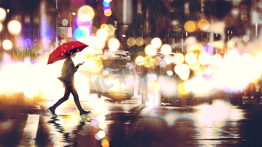 年轻妇女听音乐在她的电话和拿着一把红色雨伞横跨城市街道在雨夜, 样式, 例证绘画
